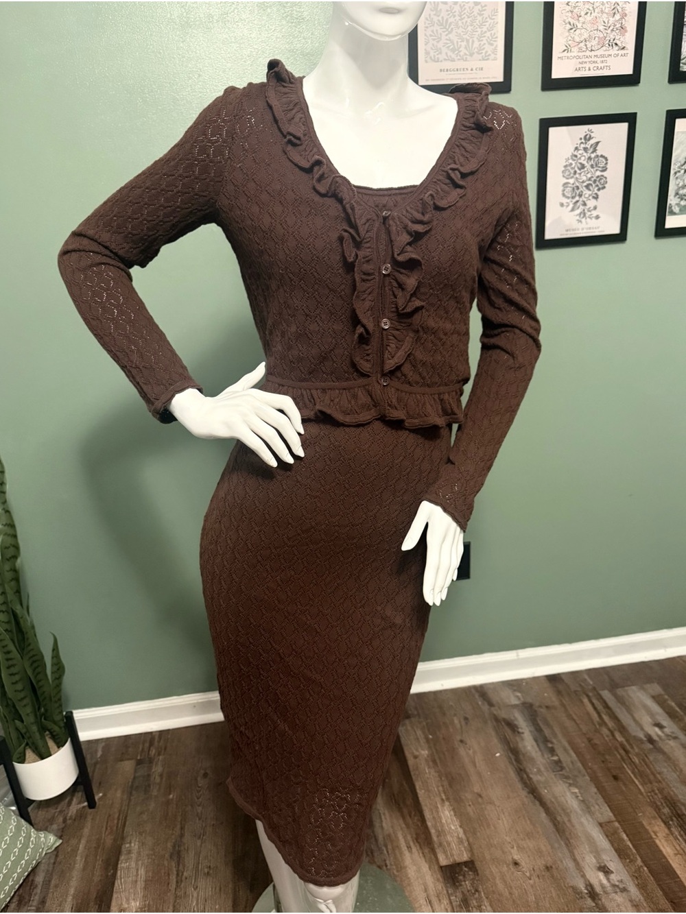 Willow & Wind Brown Ruffle Neck Long Sleeve Dress & Cardigan Set NWT Size M